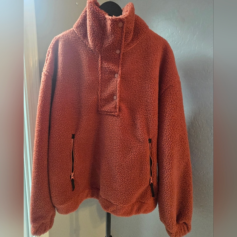 Sherpa Pullover Jacket Snap Neck Burnt Orange 2XL NEW